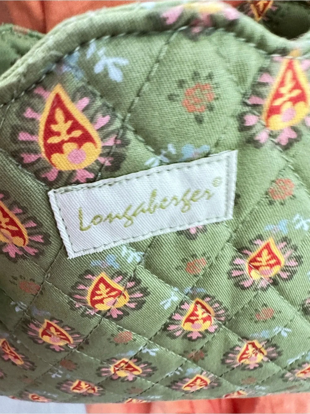 Longaberger Green Quilted Tote with Orange Floral Accents